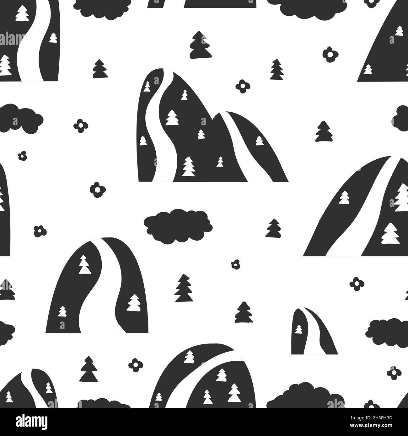 Motif montagnes scandinaves.Forêt de caniche abstraite, rochers avec arrière-plan d'arbres.Tissu pour bébés ou enfants à texture vectorielle sans couture Illustration de Vecteur