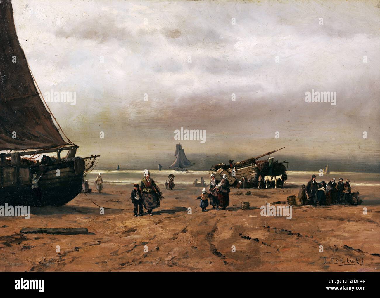 Pêcheurs sur la plage par le peintre néerlandais Johannes Hermanus Koekkoek (1778-1851), huile sur panneau Banque D'Images
