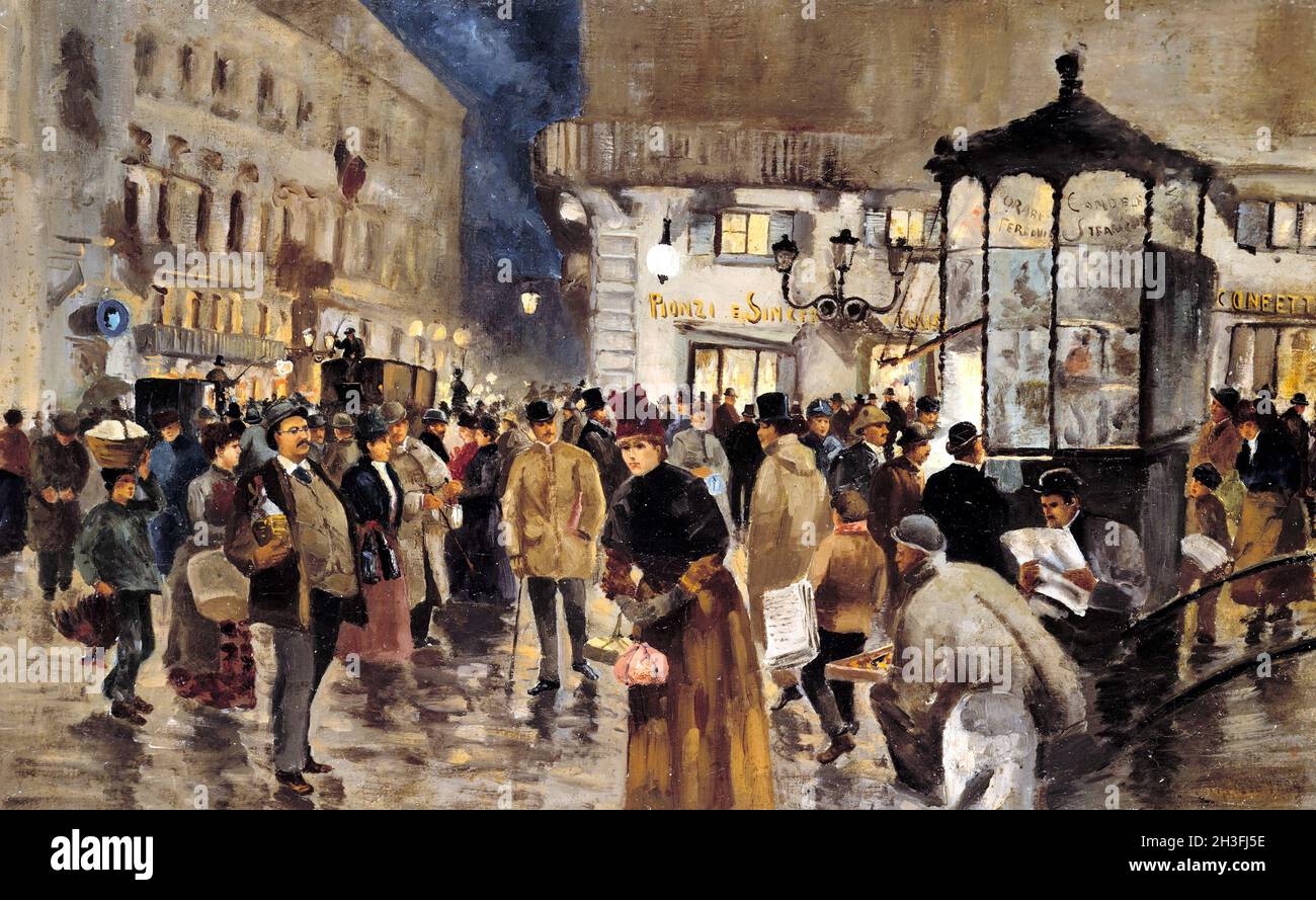 Piazza Colonna de nuit par l'artiste italien Pasquale Ruggiero (1851-1915), huile sur toile, 1888/9 Banque D'Images