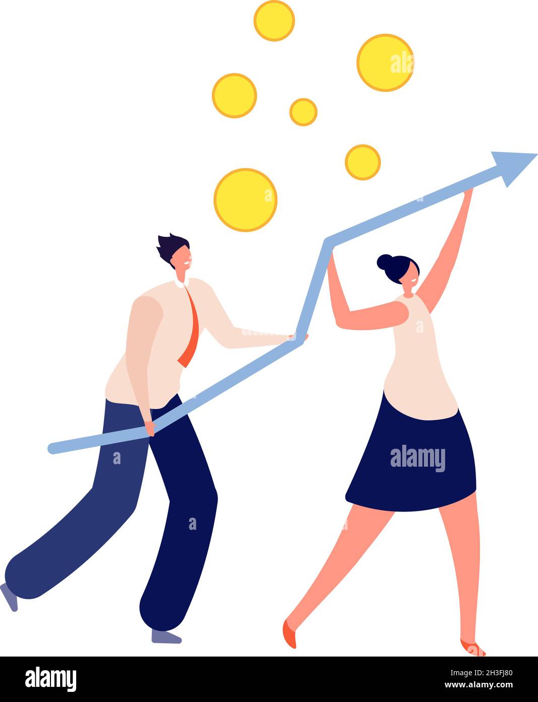 Les gens qui stimulent le tableau financier.Collaboration d'entreprise ou travail d'équipe, innovation accélérant le développement.Plat homme créatif femme tenir le vecteur de flèche Illustration de Vecteur