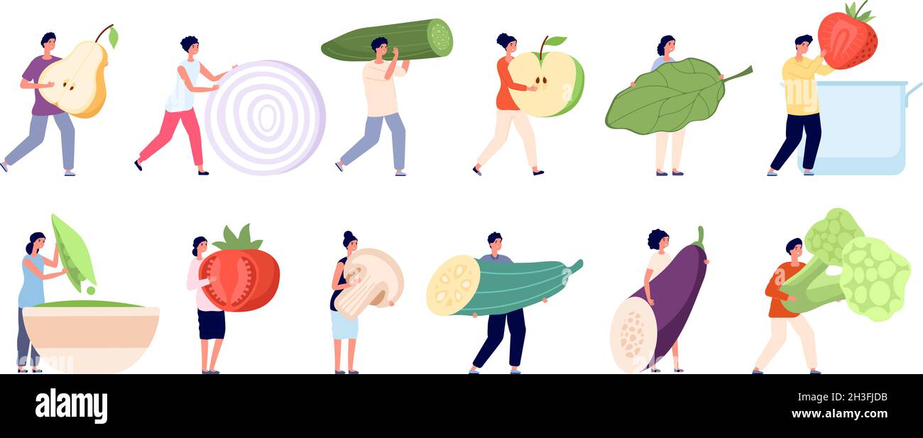 Vie végétarienne.Ingrédients crus, alimentation naturelle végétalienne de jardin.Mini personnes saine alimentation manger, caricature minuscules personnages ensemble de vecteurs de la canette Illustration de Vecteur