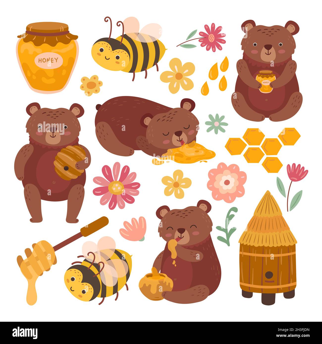 Miel et ours.Ours de dessin animé, animal grizzli en peluche avec du miel savoureux.Nid d'abeille plat, ruche et abeille, drôle de bébé sauvage personnages de vecteur exact Illustration de Vecteur