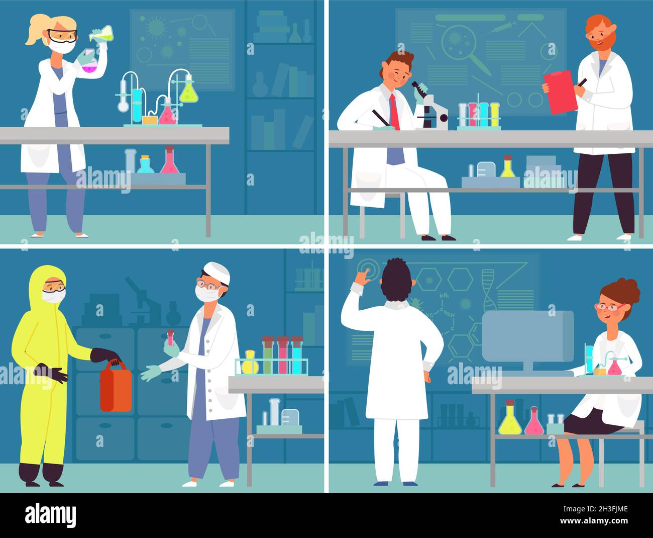 Personnages de laboratoire médical.Travaux de laboratoire, matériel de recherche pharmaceutique.Femmes travaillant sur le développement de drogues, concept de vecteur scientifique de chimie décent Illustration de Vecteur