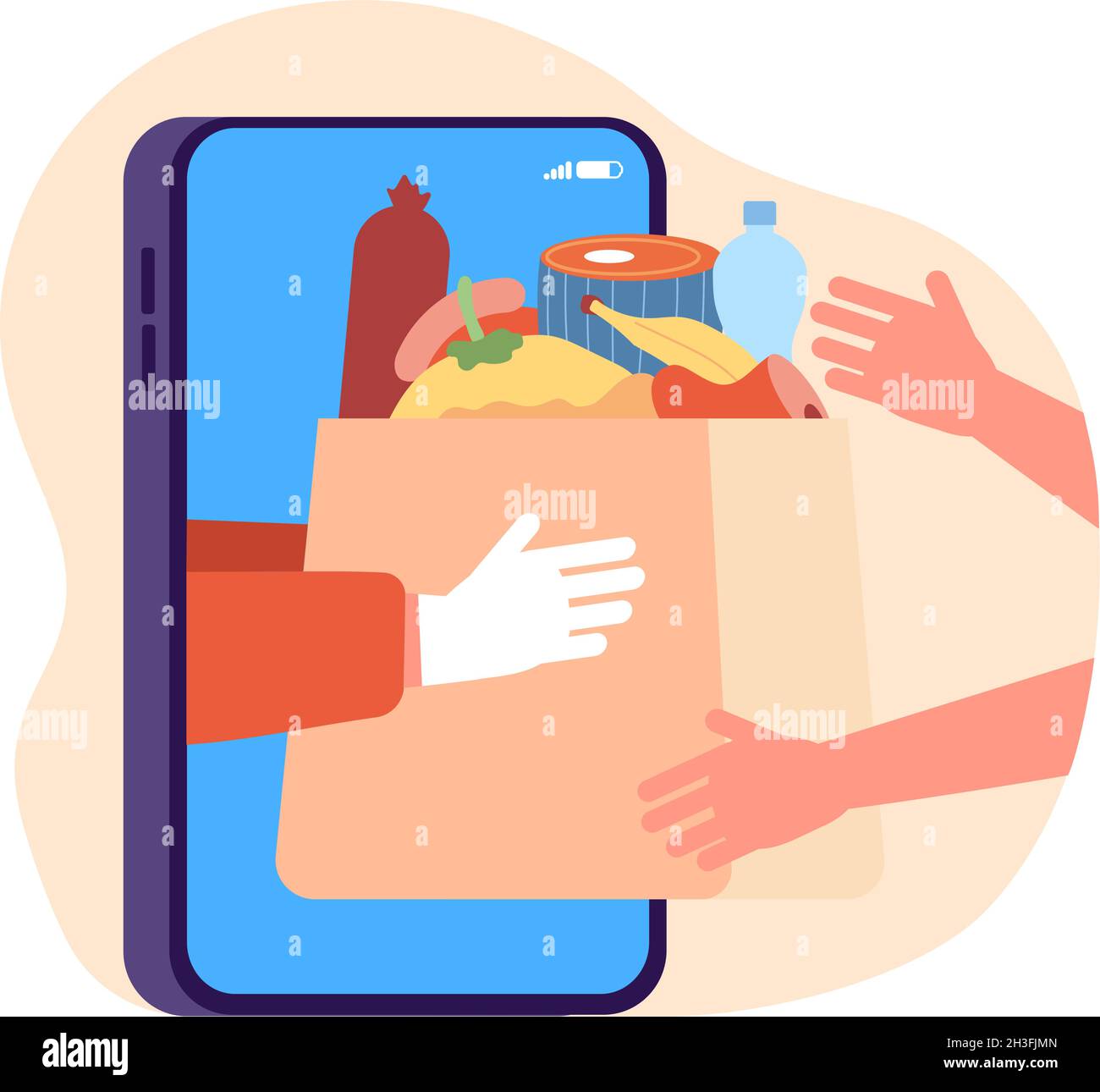 Magasins d'alimentation en ligne. Livraison d'épicerie sans contact, application Internet de supermarché. Emballage de marchandises du magasin à la maison concept de vecteur de caniveau Illustration de Vecteur