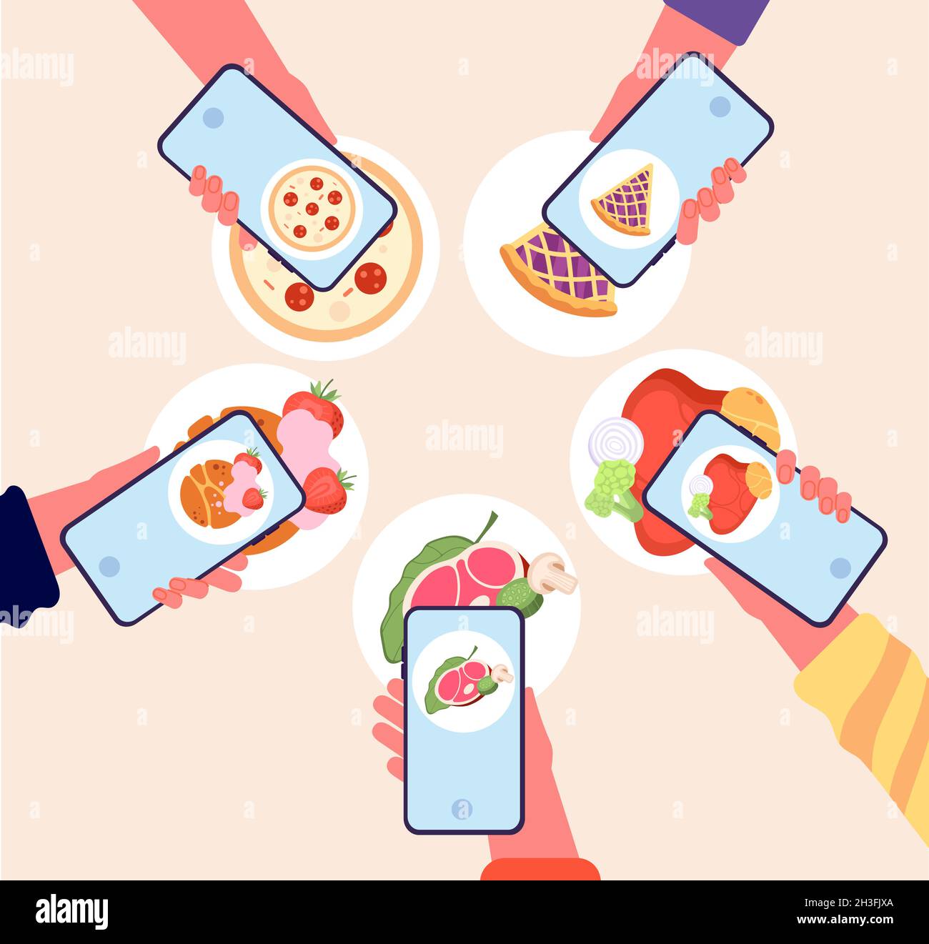 Photo de nourriture.Blogueurs photographie des aliments au téléphone et de partager dans les médias sociaux.Réunion de restaurant d'amis, le groupe de personnes a un vecteur total de smartphone Illustration de Vecteur