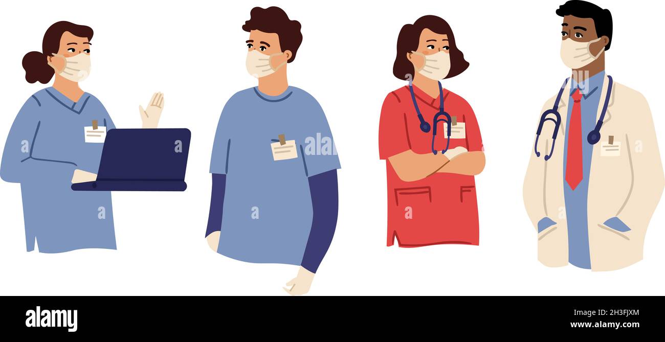 Le personnel médical porte un epi.Masque et gants de protection, personnages de médecin et d'infirmière.Soins de santé, ensemble de vecteurs de protection contre la grippe Illustration de Vecteur