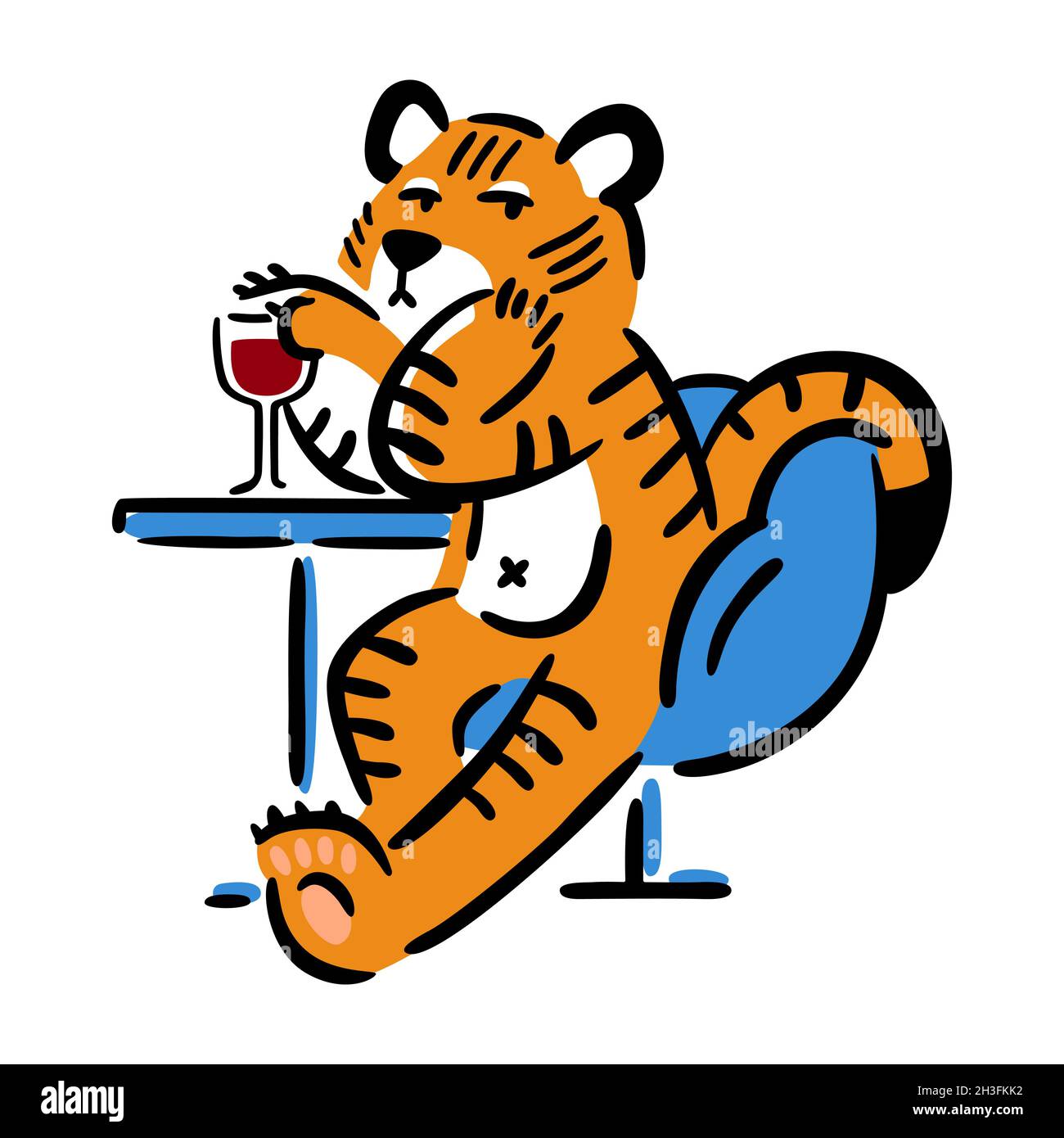 Tigre assis dans une chaise avec un verre de vin.Animal de zodiaque chinois.Symbole de la nouvelle année 2022, 2034.Illustration vectorielle isolée sur fond blanc. Illustration de Vecteur