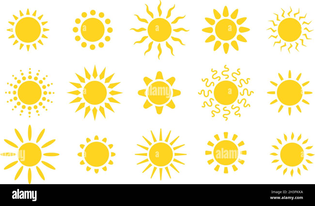 Logo soleil plat d'été.Cercles de soleil jaunes, objets lumineux et naturels.Chauffage soleil, printemps isolé saison chaude symboles vectoriels de la caniveau Illustration de Vecteur