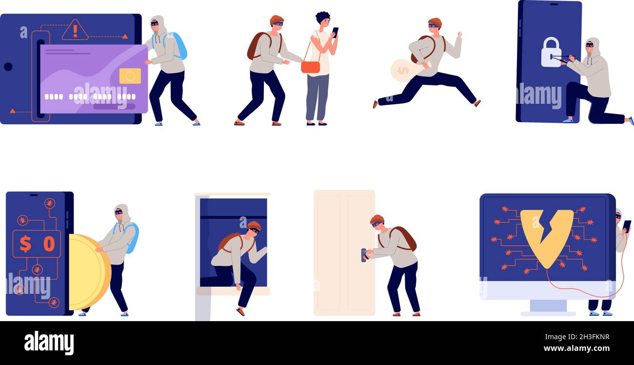 Voleur et criminel.Cambriolage à la maison, cambriolage de vol caricature.Cambriolage, cybercriminalité ou pirates informatiques, piratage total de bases de données et voleurs de personnages vectoriels Illustration de Vecteur