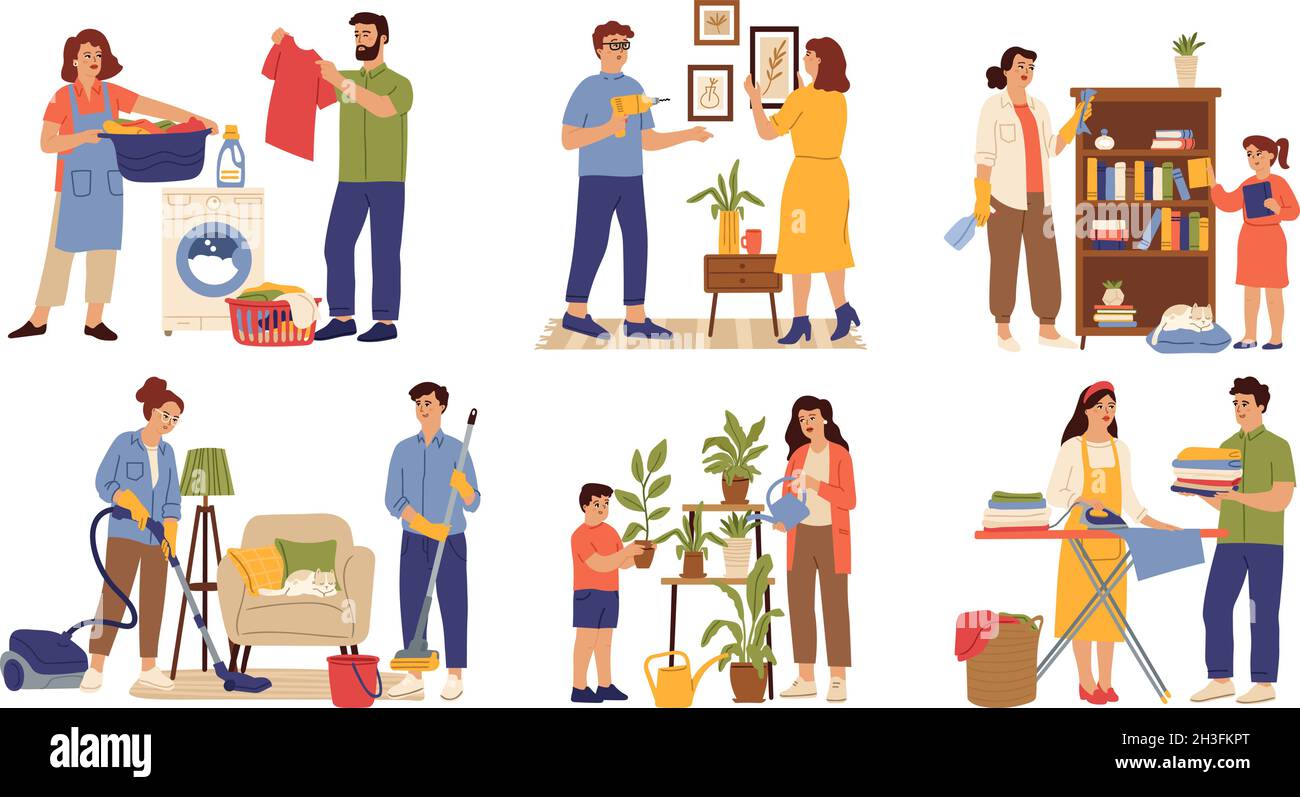 Maison propre en famille.Femme laver les vêtements, l'enfant et les parents nettoyant la maison.Personnages d'aide à la maison, tâches ménagères scènes vectorielles Illustration de Vecteur