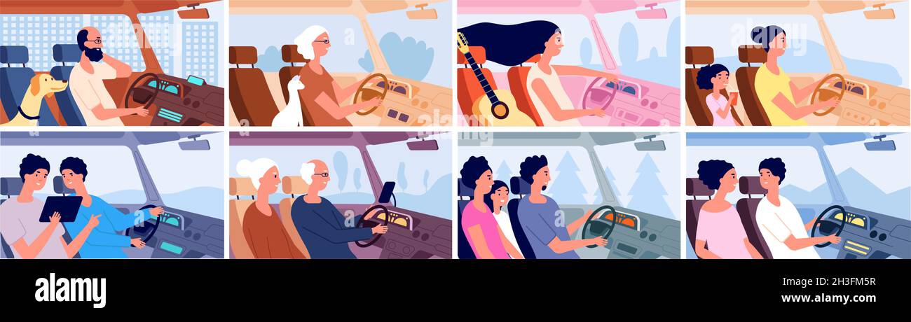 Personnes en voiture.Conduite sur route, conduite ou transport.Homme en voyage, famille voyage ensemble.Les personnes qui se trouvent sur la route s'aventurer sur des scènes vectorielles Illustration de Vecteur