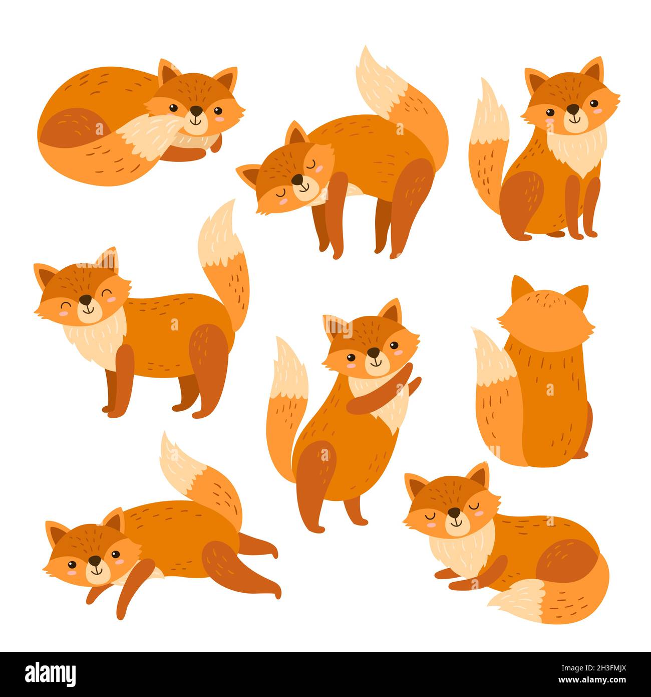 Caractères Fox.Joli dessin animé rouge renards, drôle d'animal courant debout ou assis.Faune forestière isolée, foxy avec jeu de vecteurs exact de queue d'orange Illustration de Vecteur