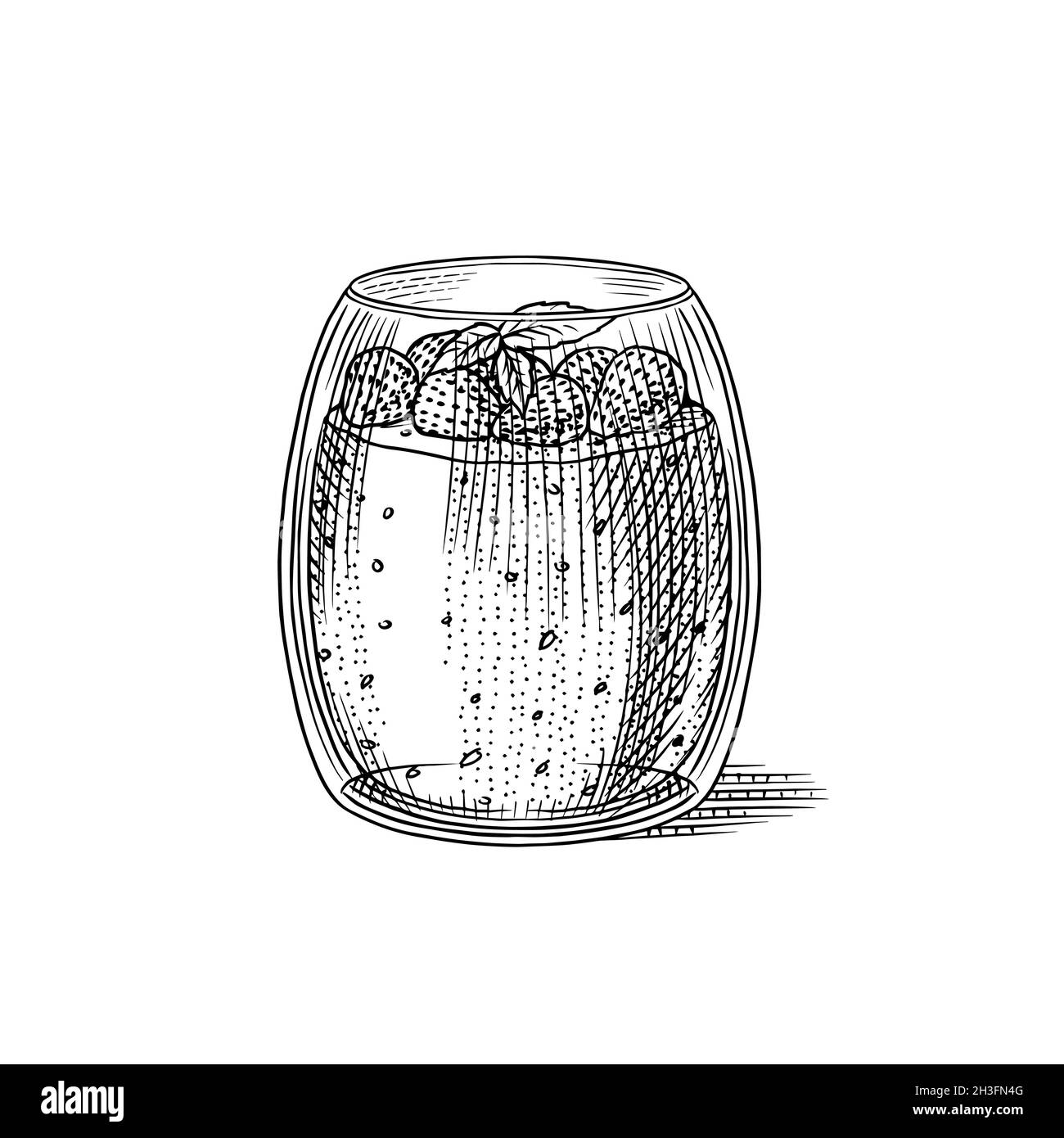 Pudding au Chia et à la fraise dans un verre.Dessert sucré de style vintage.Gravé à la main dans l'ancienne esquisse. Illustration de Vecteur