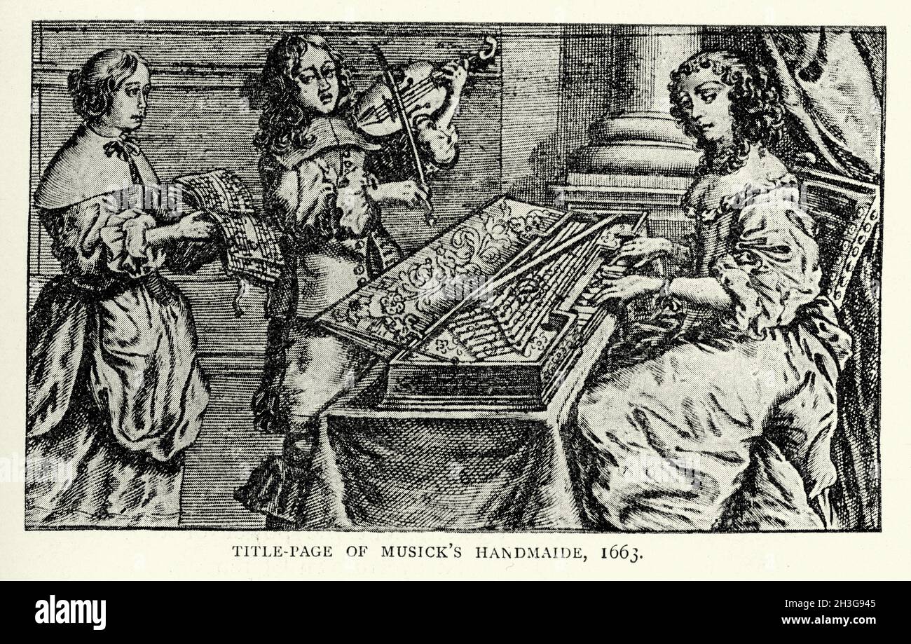 Femme jouant le clavecin accompagné du violon, musique du XVIIe siècle Banque D'Images