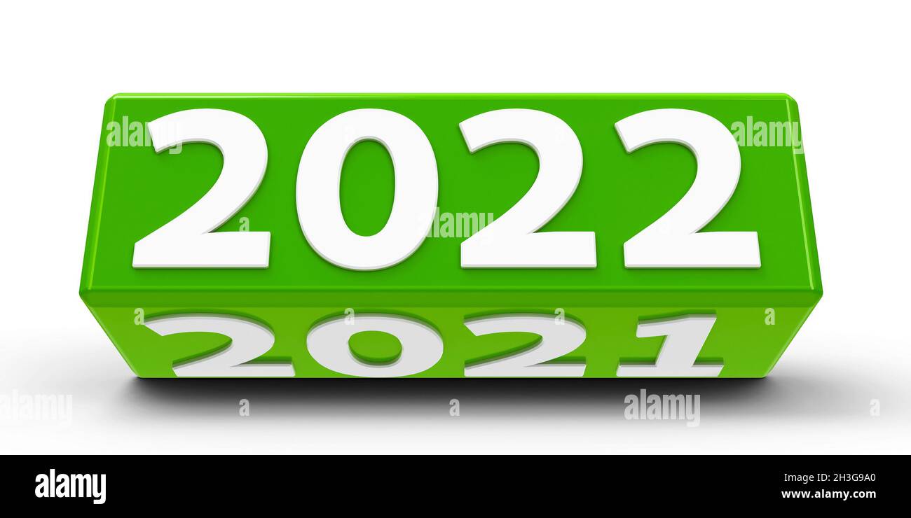 Cube vert (cuboïde) avec 2022-2021 changements sur une table blanche représente la nouvelle 2022, rendu tridimensionnel, illustration 3D Banque D'Images