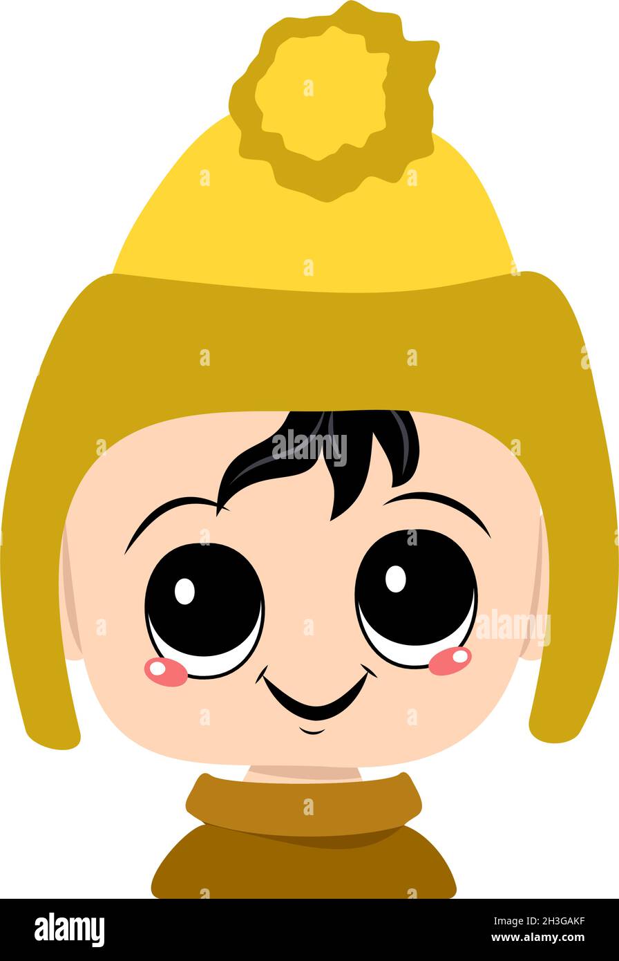 Tête de bébé adorable avec des émotions heureuses.Avatar de l'enfant avec de grands yeux et un grand sourire en chapeau jaune avec pompon.Mignon enfant avec le visage joyeux dans la coiffure automnale ou d'hiver Illustration de Vecteur