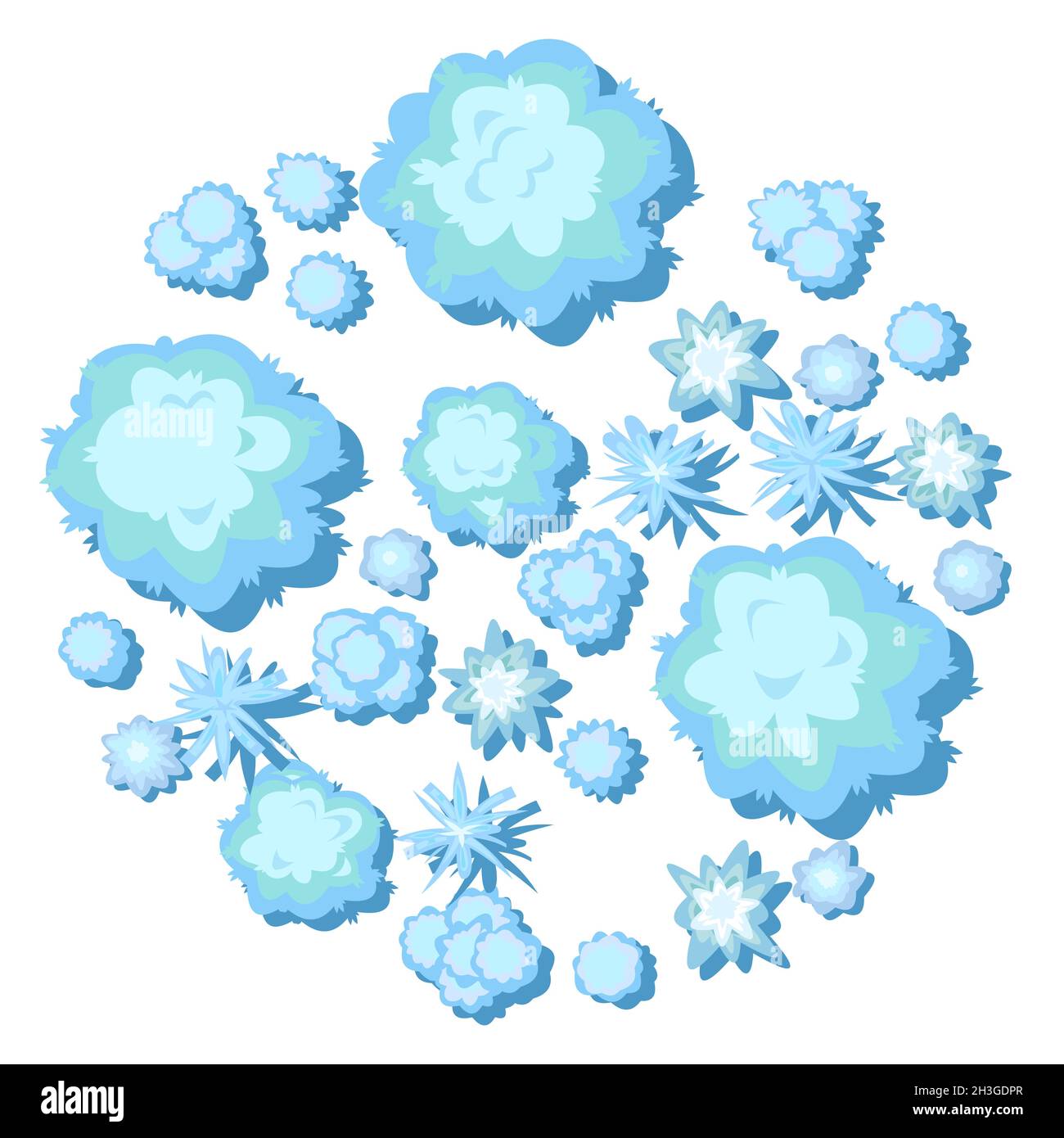 Paysage d'hiver vue de dessus.Isolé sur fond blanc.Neige nature givrée en saison froide.De haut.Dérives de neige.Illustration de style dessin animé Illustration de Vecteur