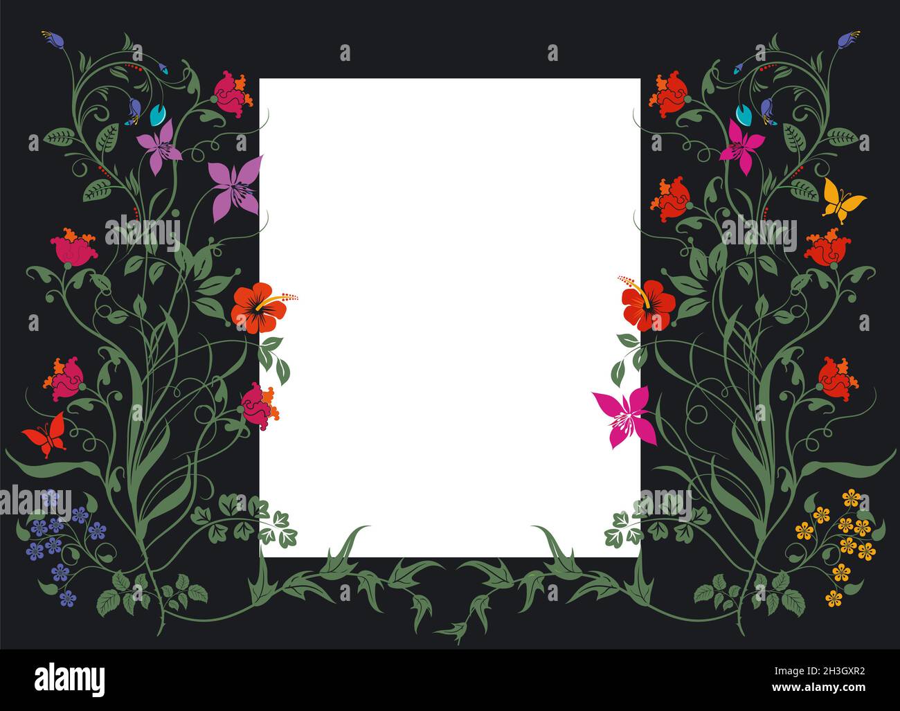 Modèle floral avec étiquette blanche sur noir Banque D'Images