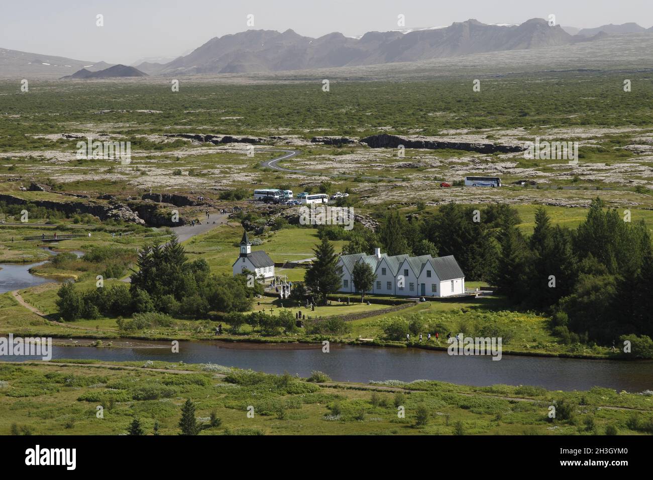 Þingvallakirkja (église Thingvellir) et Þingvallabær (maison d'été du Premier ministre) Banque D'Images