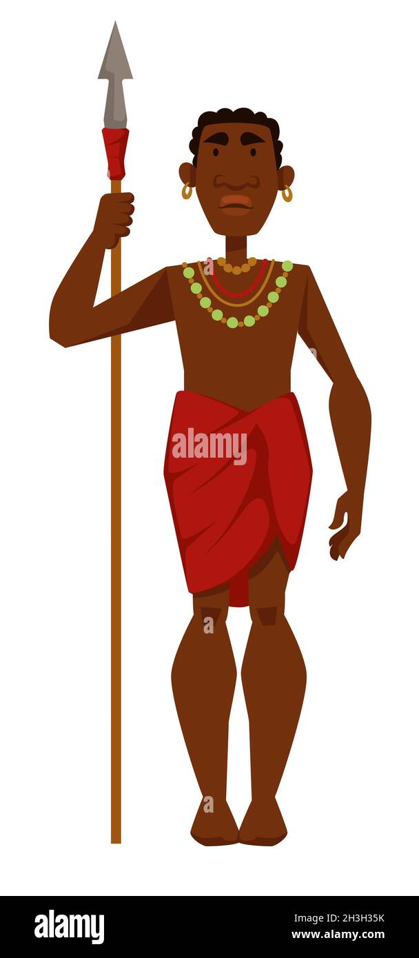 Membre africain de la tribu guerrier d'homme en bijoux avec lance Illustration de Vecteur