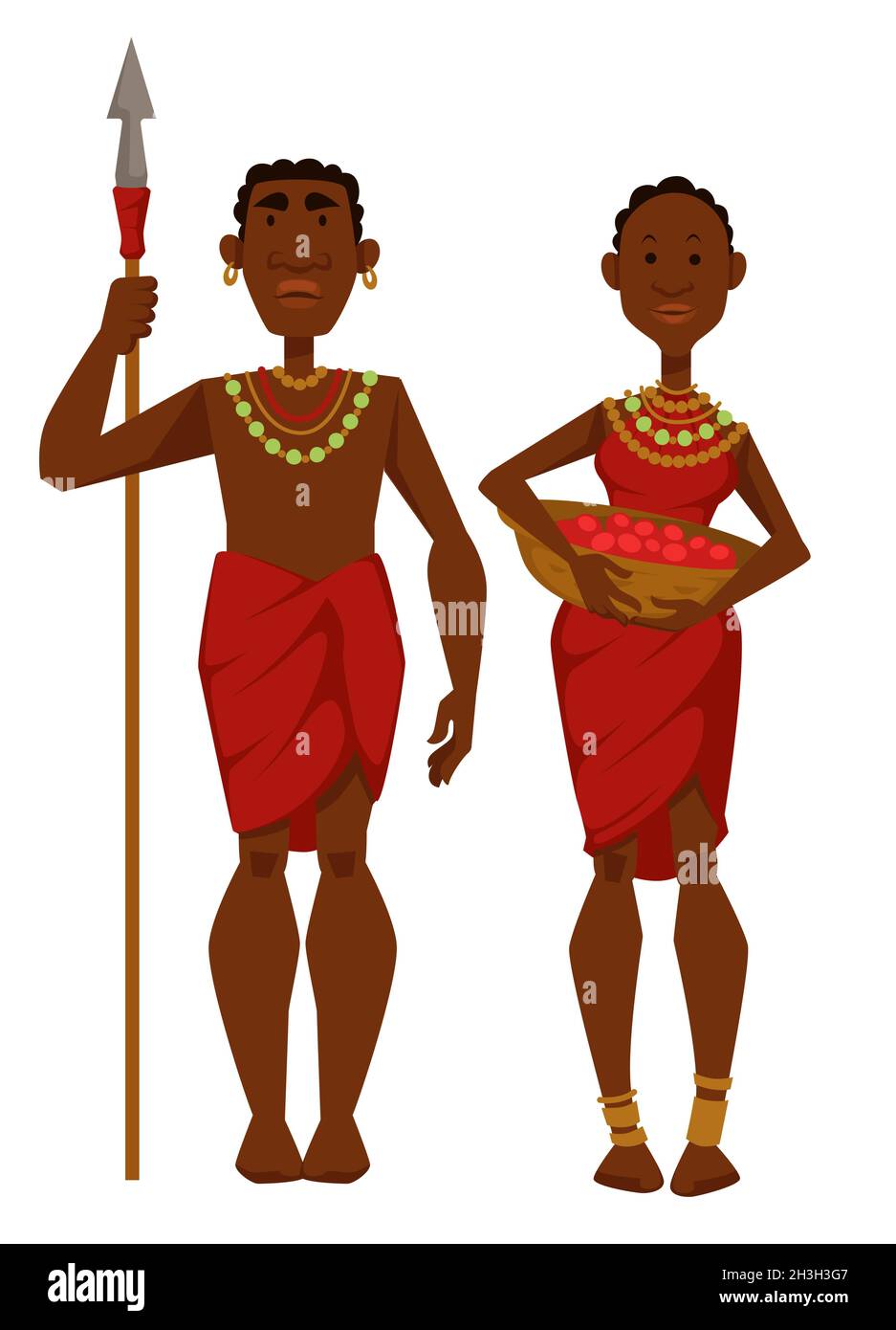 Membres de la tribu de la famille africaine homme guerrier et femme au foyer Illustration de Vecteur