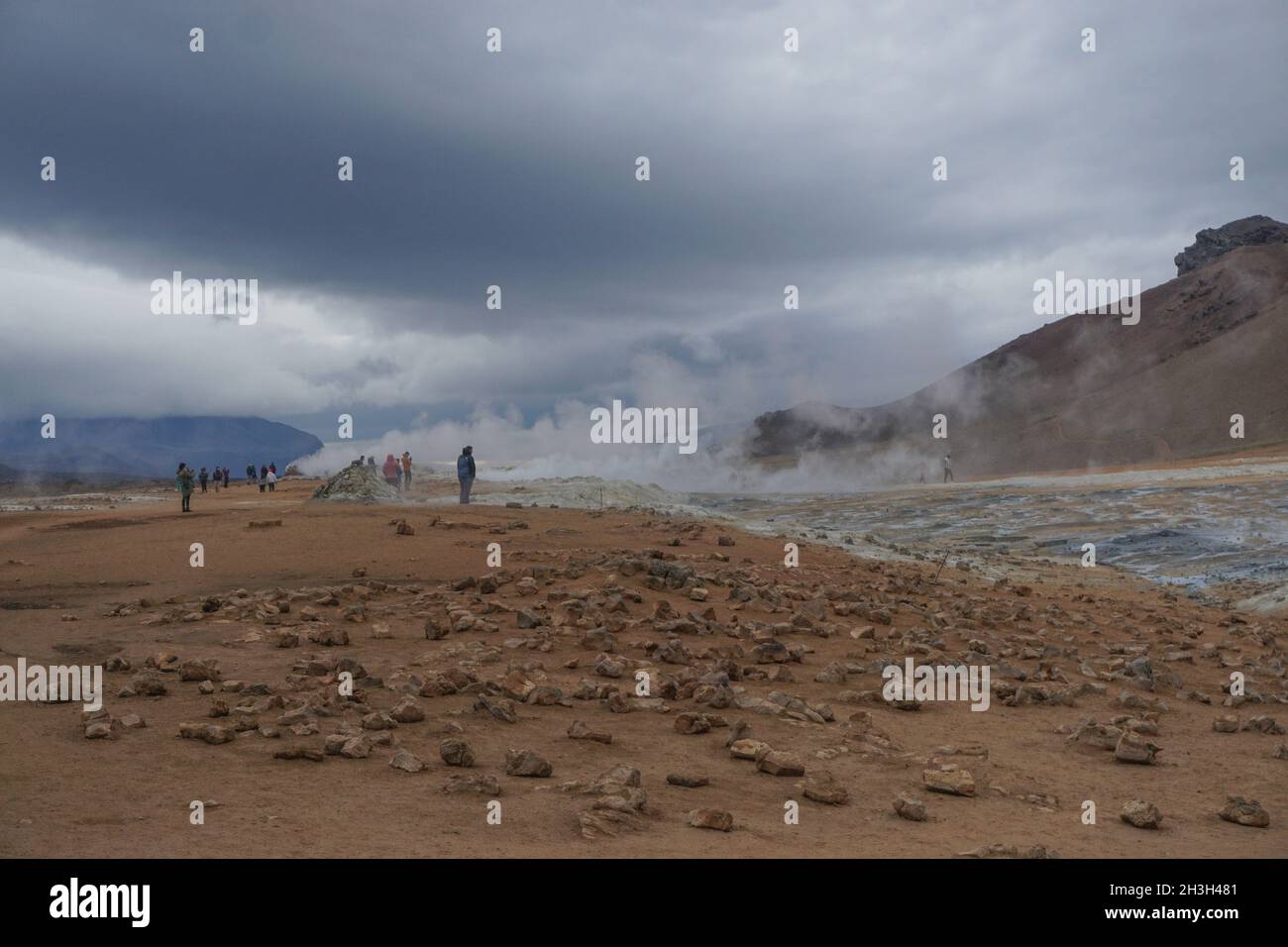 Région de Myvatn, Islande : Namafjall (également connu sous le nom de Hverir) est une zone géothermique à haute température avec des pots de boue bouillante et des fumeroles à vapeur. Banque D'Images