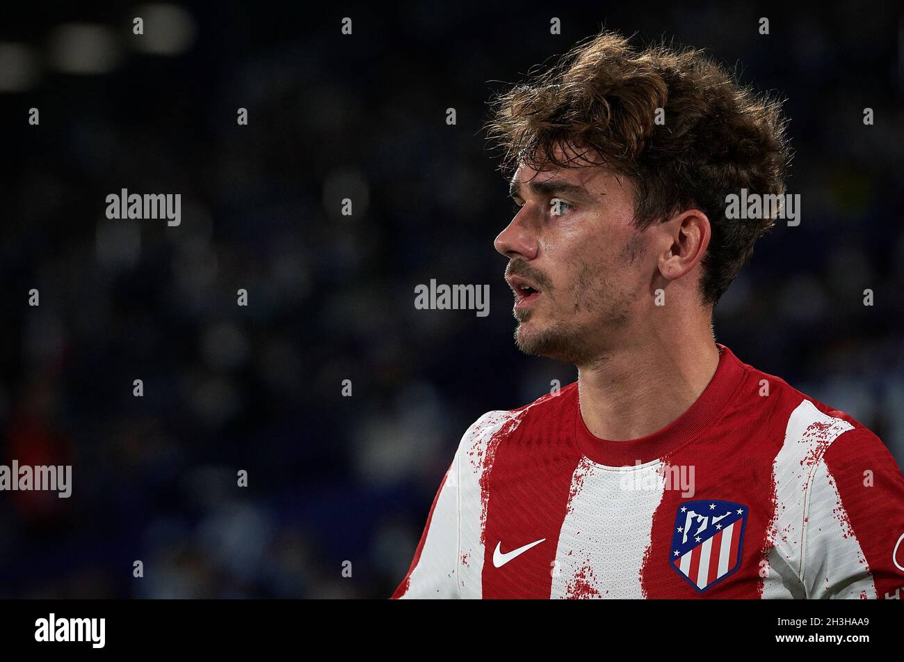 Valence, Espagne.28 octobre 2021.Antoine Griezmann, de l'Atletico de Madrid, réagit lors d'un match de football espagnol de première division entre Levante UD et Atletico de Madrid à Valence, Espagne, le 28 octobre 2021.Credit: STR/Xinhua/Alay Live News Banque D'Images