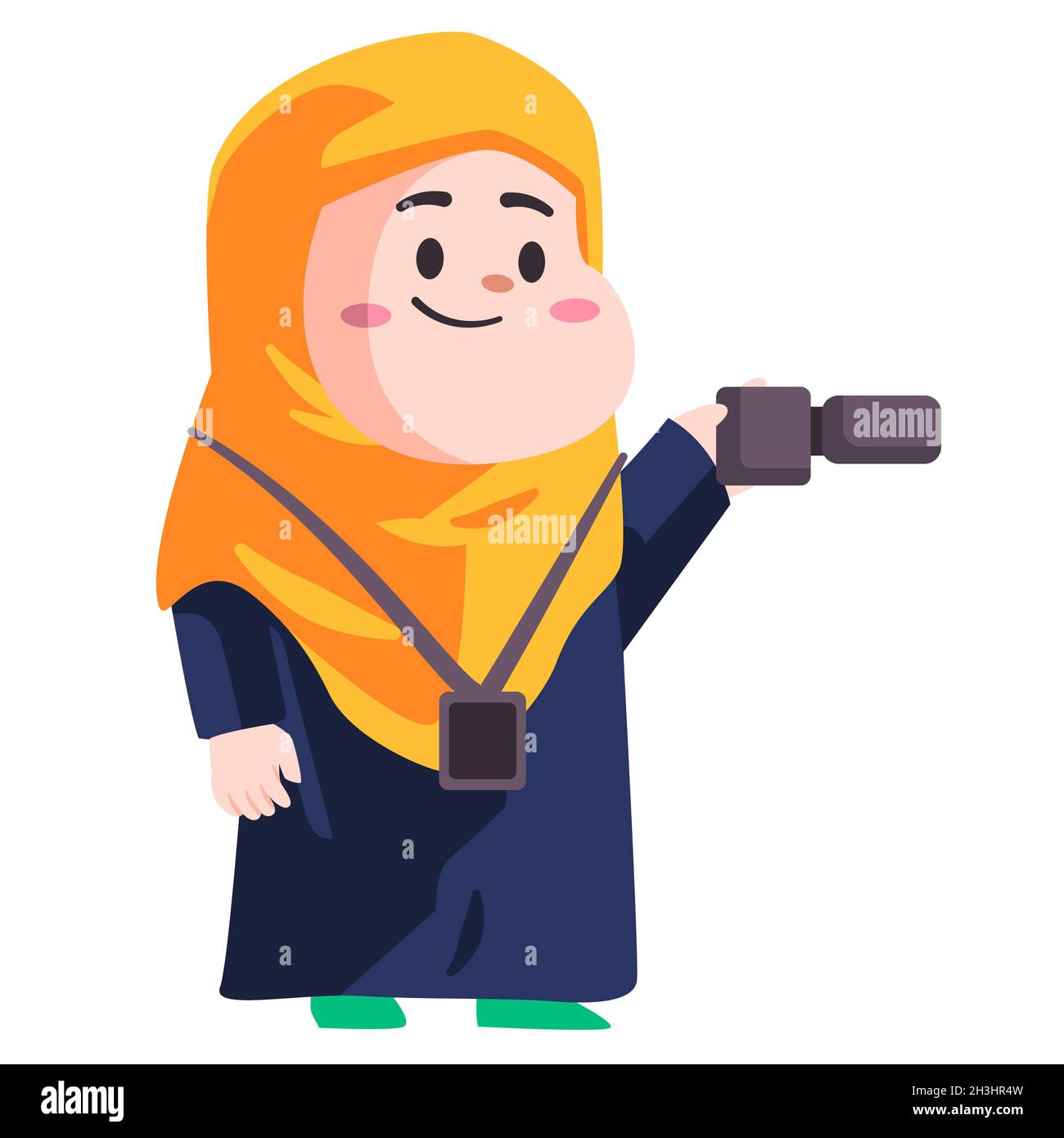 Une journaliste de la presse musulmane d'une chaîne de télévision tient un appareil photo pour rapporter des nouvelles caricatures modernes couleur plat vecteur de fond isolé Illustration de Vecteur