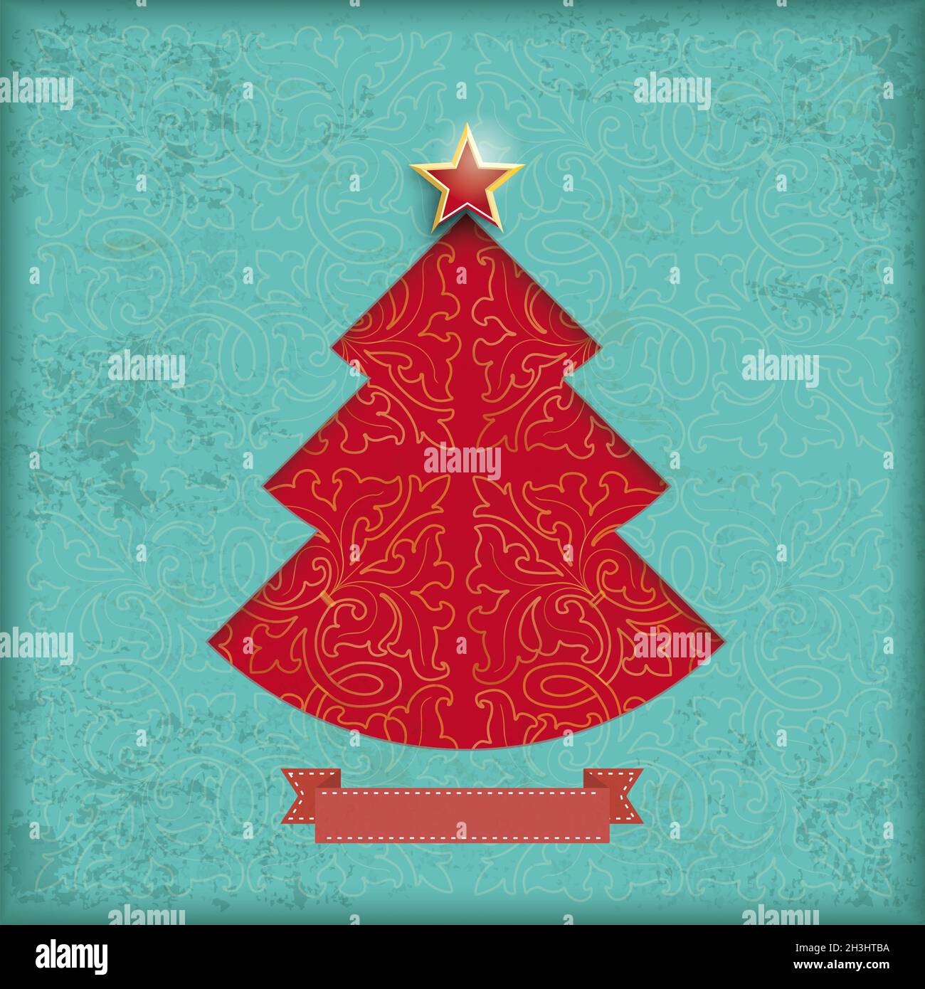 Rouge sapin de Noël trou ornements dorés Banque D'Images