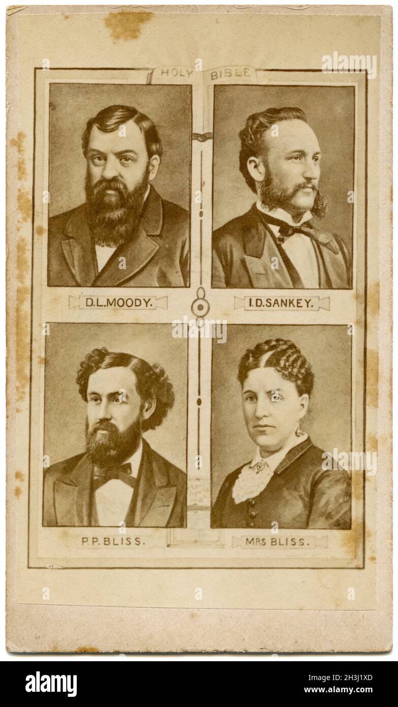 Carte de visite (CDV) présentant des portraits de l'évangéliste américain D.L.Moody et hymne écrivains, chanteurs, et compositeurs Ila Sankey, P.P.Bliss et Lucy Bliss. Banque D'Images