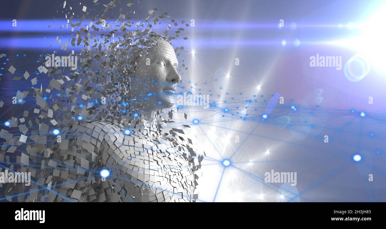 Image pixélisée en 3d de l'avatar de cyborg masculin avec de grandes données mondiales et intelligence artificielle Banque D'Images