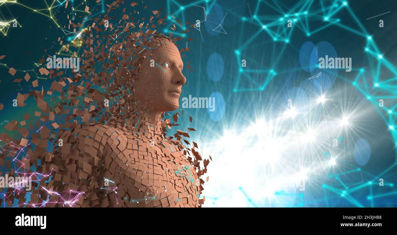 Image pixélisée en 3d de l'avatar de cyborg masculin avec intelligence artificielle et données globales massives Banque D'Images