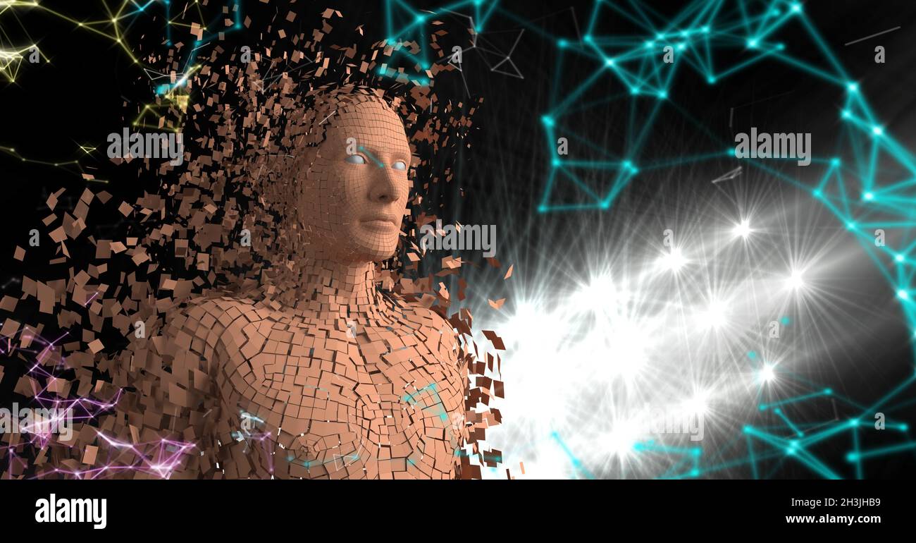 avatar numérique mâle marron 3d de cyborg avec un réseau de connexion mondial pixélisé Banque D'Images