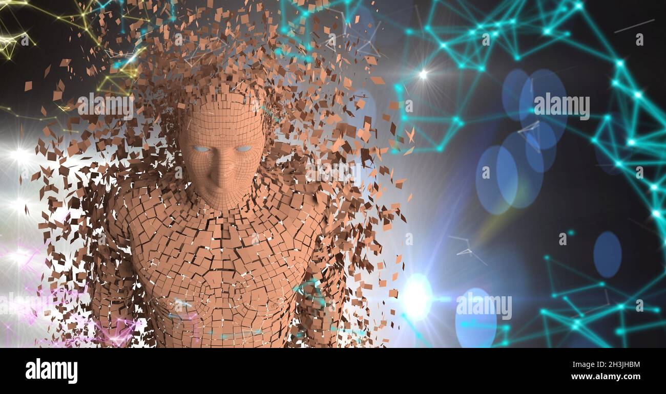 avatar numérique mâle 3d de cyborg avec un réseau de connexion mondial pixélisé Banque D'Images