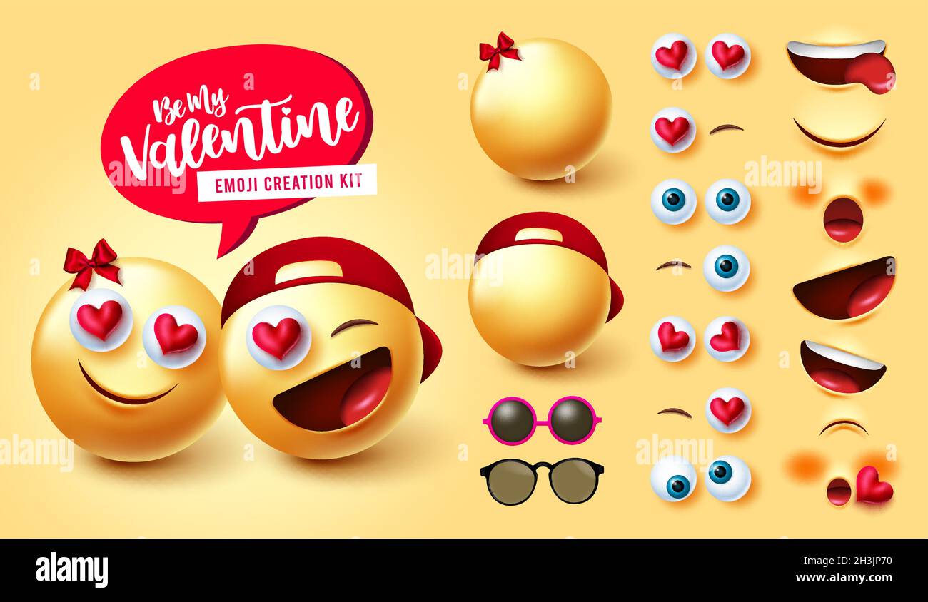 Ensemble de vecteurs de créateur de couple Smileys.Emoji valentines personnage en kit 3d avec les adorables amoureux émoticone expression faciale modifiable pour le visage de la Valentin. Illustration de Vecteur