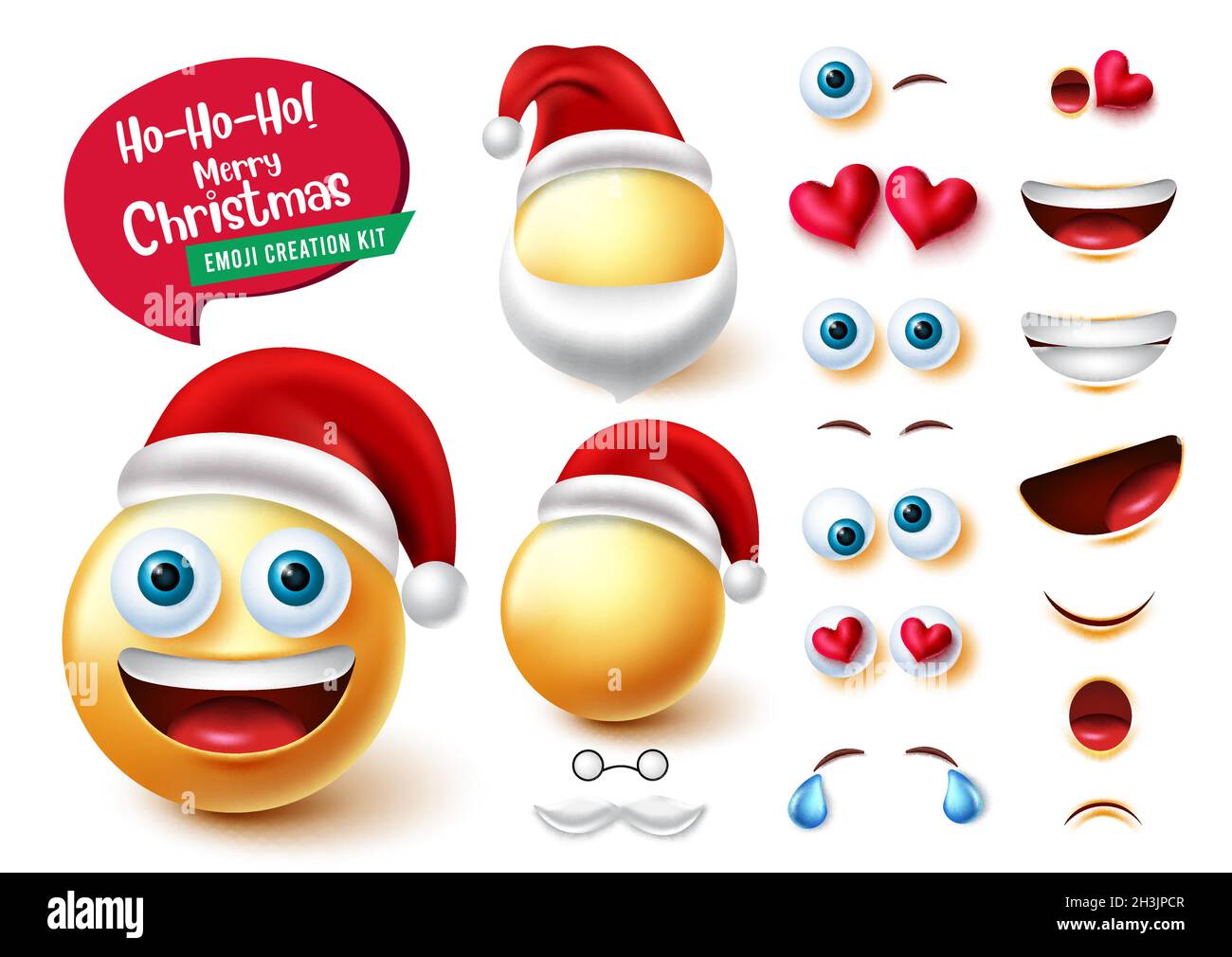Ensemble de vecteurs Smileys santa Creator.Personnage Emoji santa claus en kit 3d avec une jolie et drôle d'expression du visage modifiable pour la création de personnages de Noël. Illustration de Vecteur