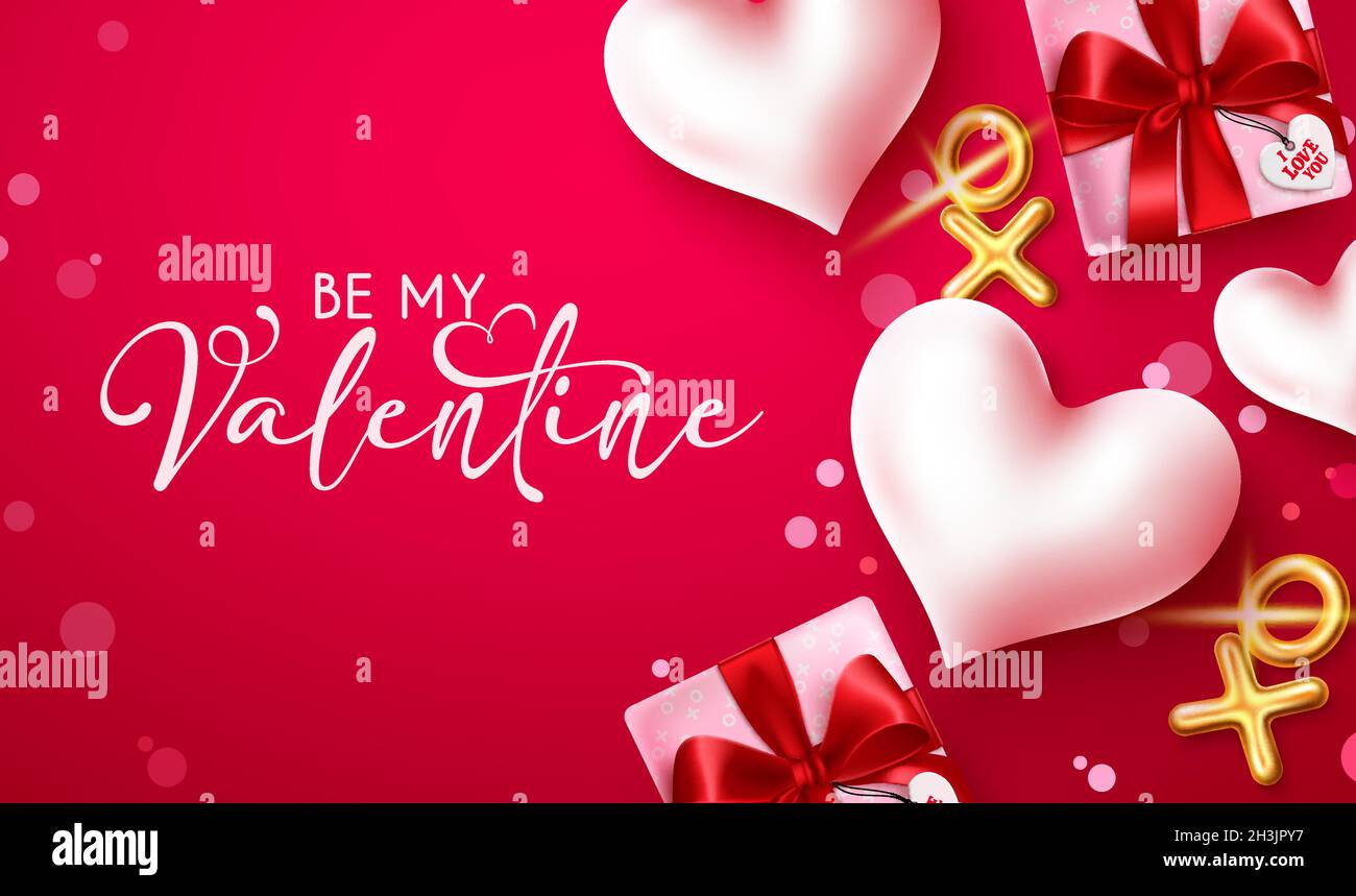 Motif vectoriel de Saint-Valentin en arrière-plan.Soyez mon texte de Valentin dans l'espace rouge avec des coeurs, des cadeaux et des éléments de ballon d'or brillant pour les valentines romantiques. Illustration de Vecteur