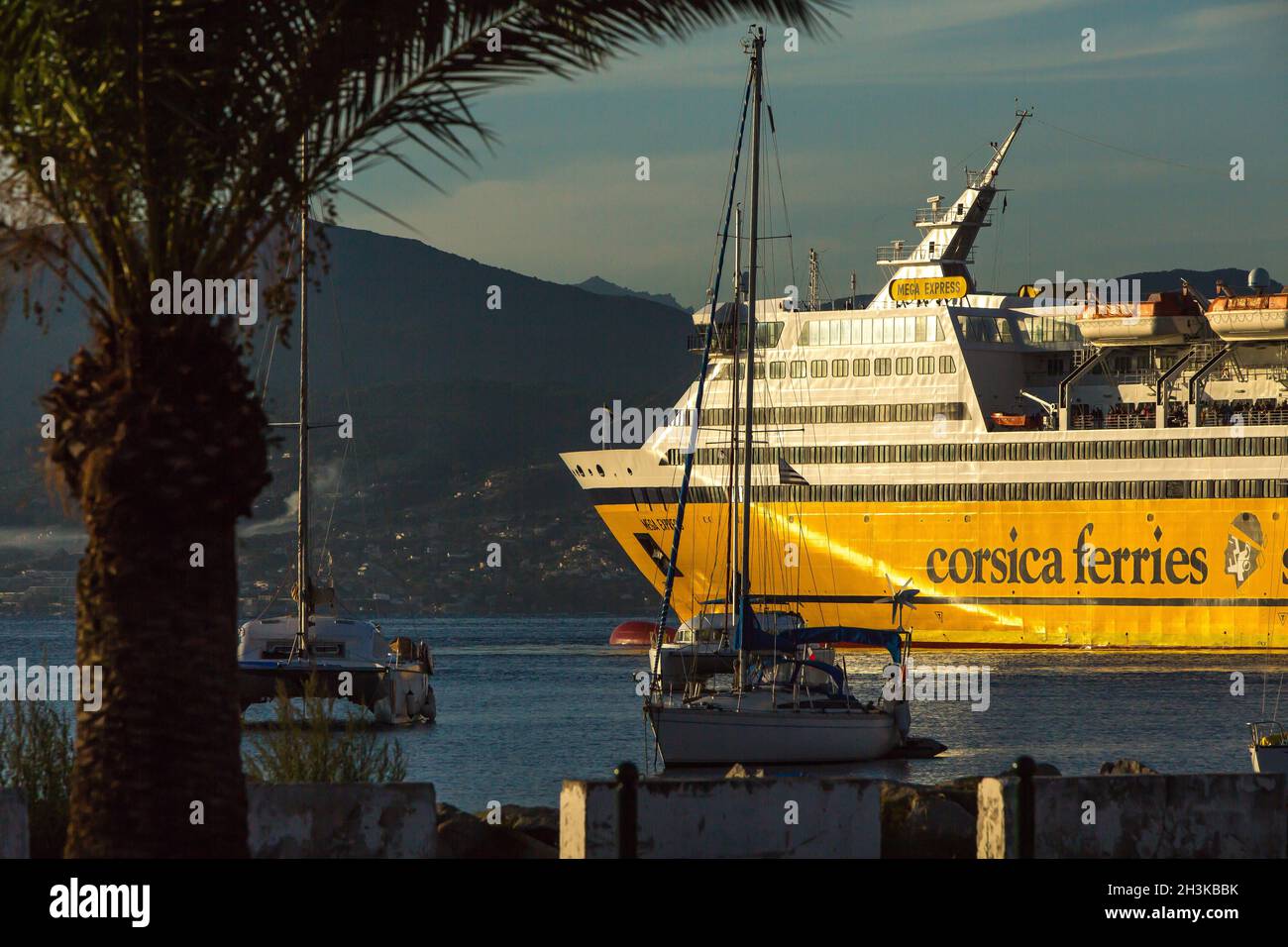 FRANCE.CORSE DU SUD (2A) AJACCIO.PORT DE PLAISANCE D'AMIRAUTÉ.CORSE FERRIES-BATEAUX AMARRÉS Banque D'Images