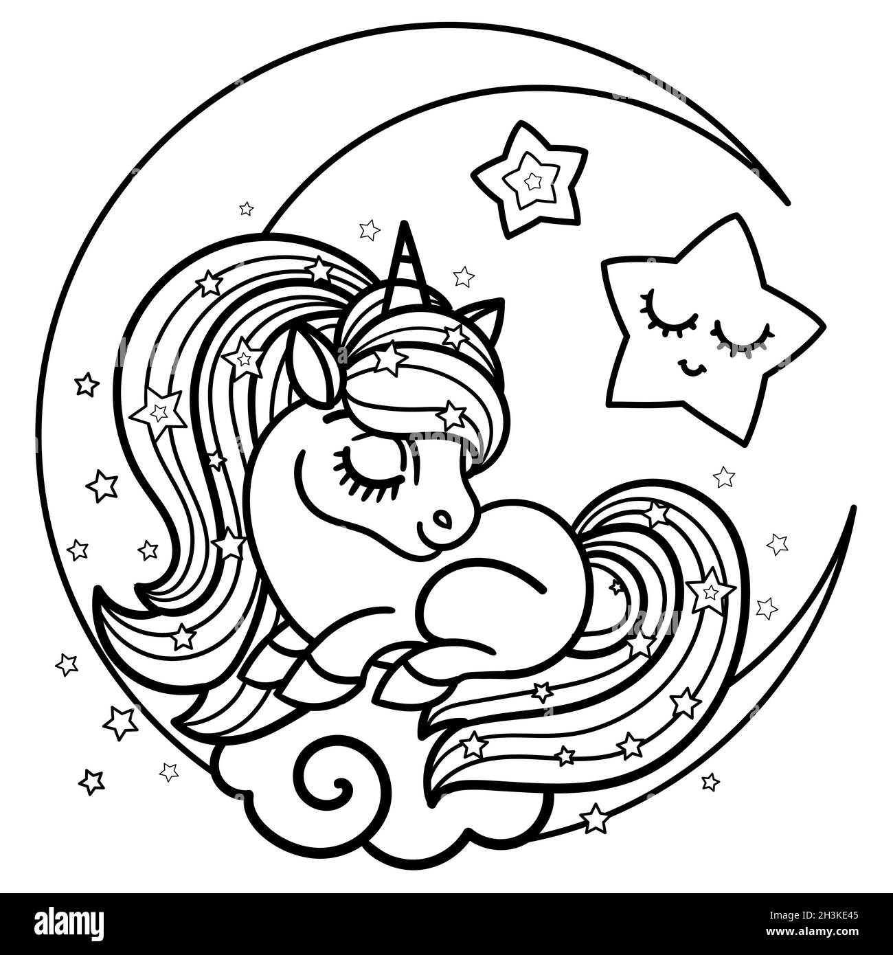 Petite jolie licorne endormie sur le croissant de lune.Dessin linéaire noir et blanc.Vecteur. Illustration de Vecteur