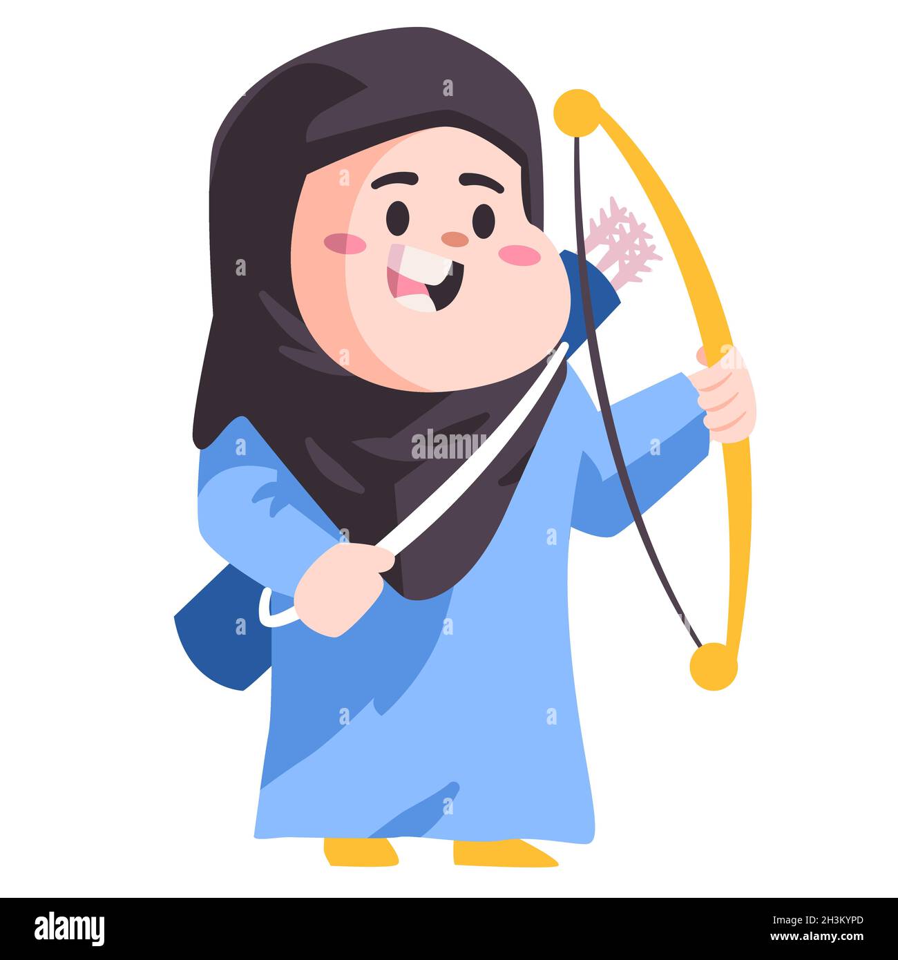 Femme musulmane enfants enfants avec hijab et robe bleue est tenue un arc dans un tournoi de tir à l'arc dessin animé moderne couleur isolé vecteur de fond Illustration de Vecteur