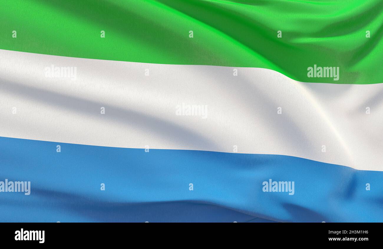 Brandissant le drapeau national de la Sierra Leone. Très détaillées des Galapagos close-up 3D render. Banque D'Images