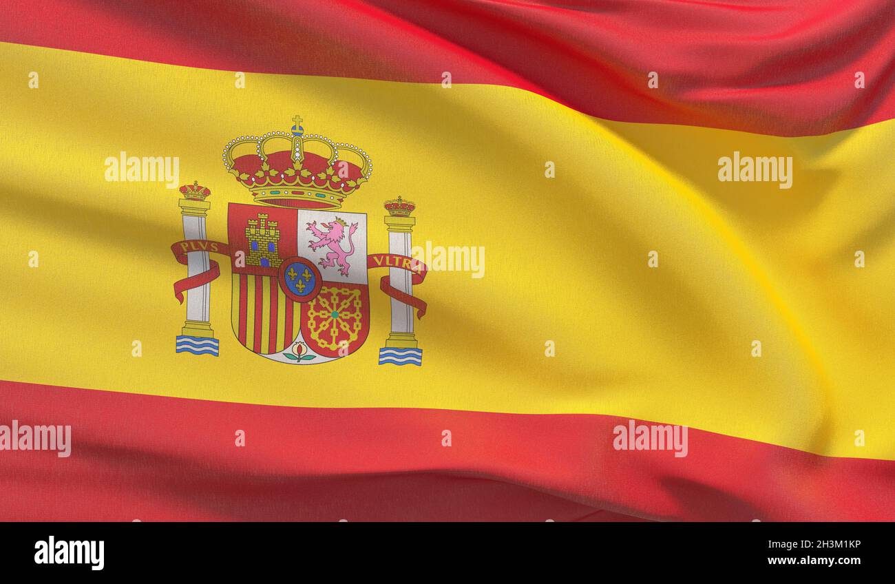 En agitant drapeau national de l'Espagne. Très détaillées des Galapagos close-up 3D render. Banque D'Images