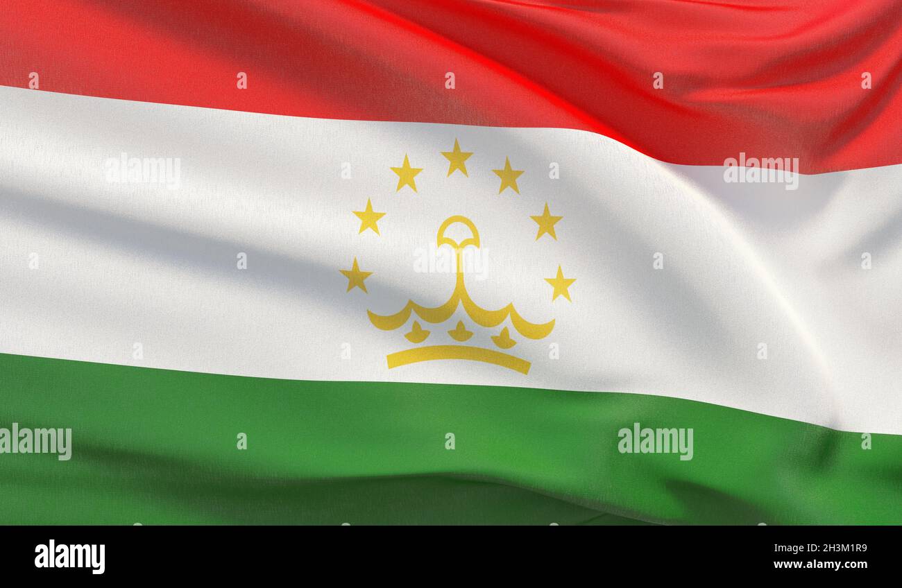Brandissant le drapeau national du Tadjikistan. Très détaillées des Galapagos close-up 3D render. Banque D'Images