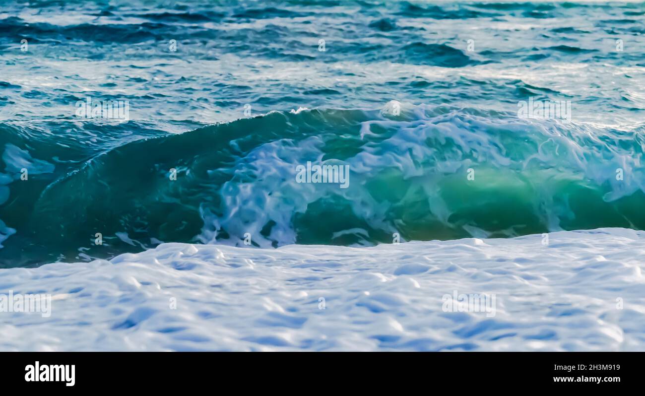 En l'absence de fortes pluies récentes ou de typhons qui laissaient des débris dans l'océan Pacifique, les vagues qui se rendaient de la baie de Suruga étaient un vert magnifique, clair et bleuâtre. Banque D'Images