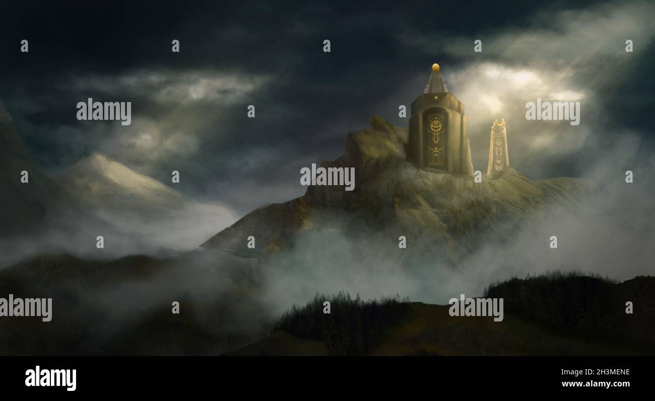 Tableau de fantaisie numérique d'un temple dans les montagnes illuminées par un faisceau de lumière du soleil Banque D'Images