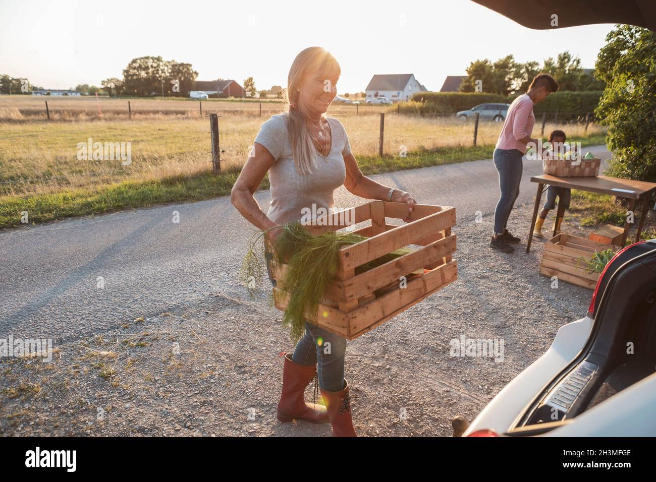 Femme agricole senior transportant une caisse en bois avec des légumes vers la voiture Banque D'Images