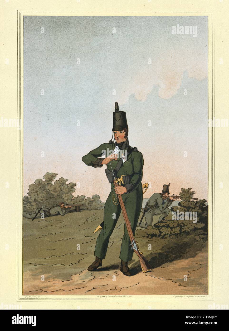 Soldat de la milice de North York, régiment d'infanterie légère, armée britannique, uniformes militaires. Le Costume du Yorkshire de George Walker, début du XIXe siècle Banque D'Images