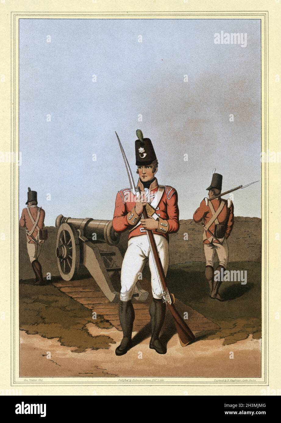 Solider de la milice d'East York, régiment d'infanterie légère, armée britannique, uniformes militaires. Le Costume du Yorkshire par George Walker, début du XIXe siècle Banque D'Images