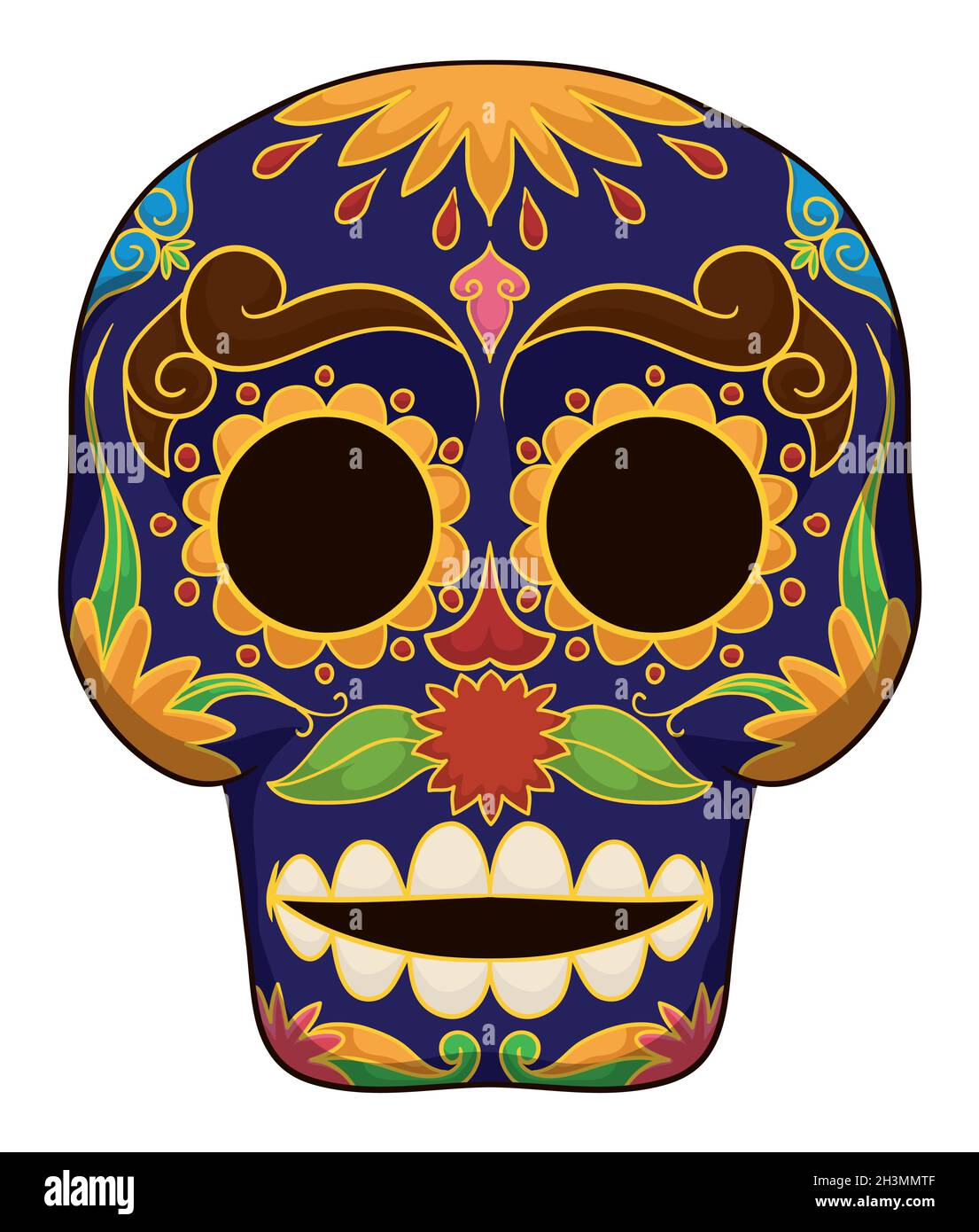 Crâne d'argile artistique coloré peint en bleu, avec des fleurs marigolées, des feuilles et des vignes, prêt pour la célébration du jour des morts. Illustration de Vecteur