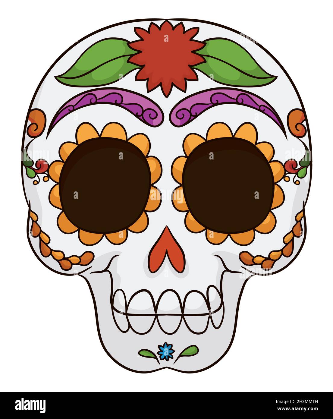 Crâne mexicain coloré avec vue frontale, décoré avec un motif et une fleur traditionnels pour le jour des morts. Illustration de Vecteur